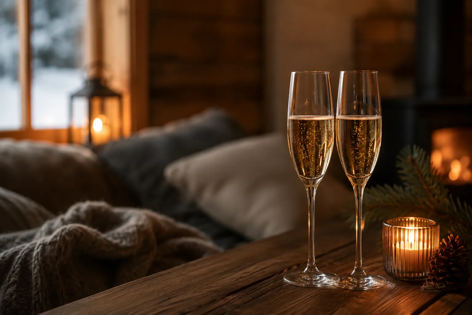 Bilden visar en fjällstuga under vintern med två glas fyllda med dryck