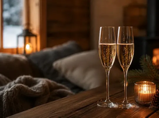 Bilden visar en fjällstuga under vintern med två glas fyllda med dryck
