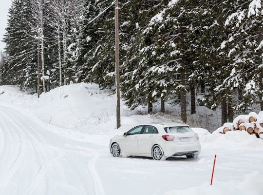 Bilden visar en vit bil i snötäckt skogslandskap