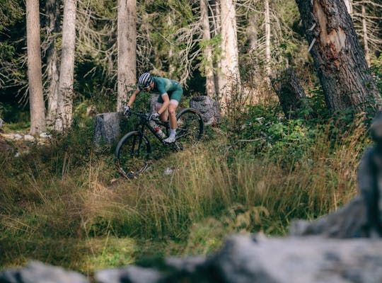 Bilden visar en person som åker mountainbike i Stöten, Sälen.