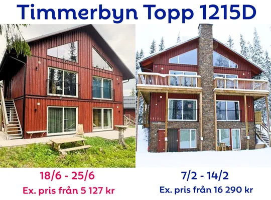 Bilden visar en prisjämförelse över Timmerbyn Topp 1215D under vinter och sommar