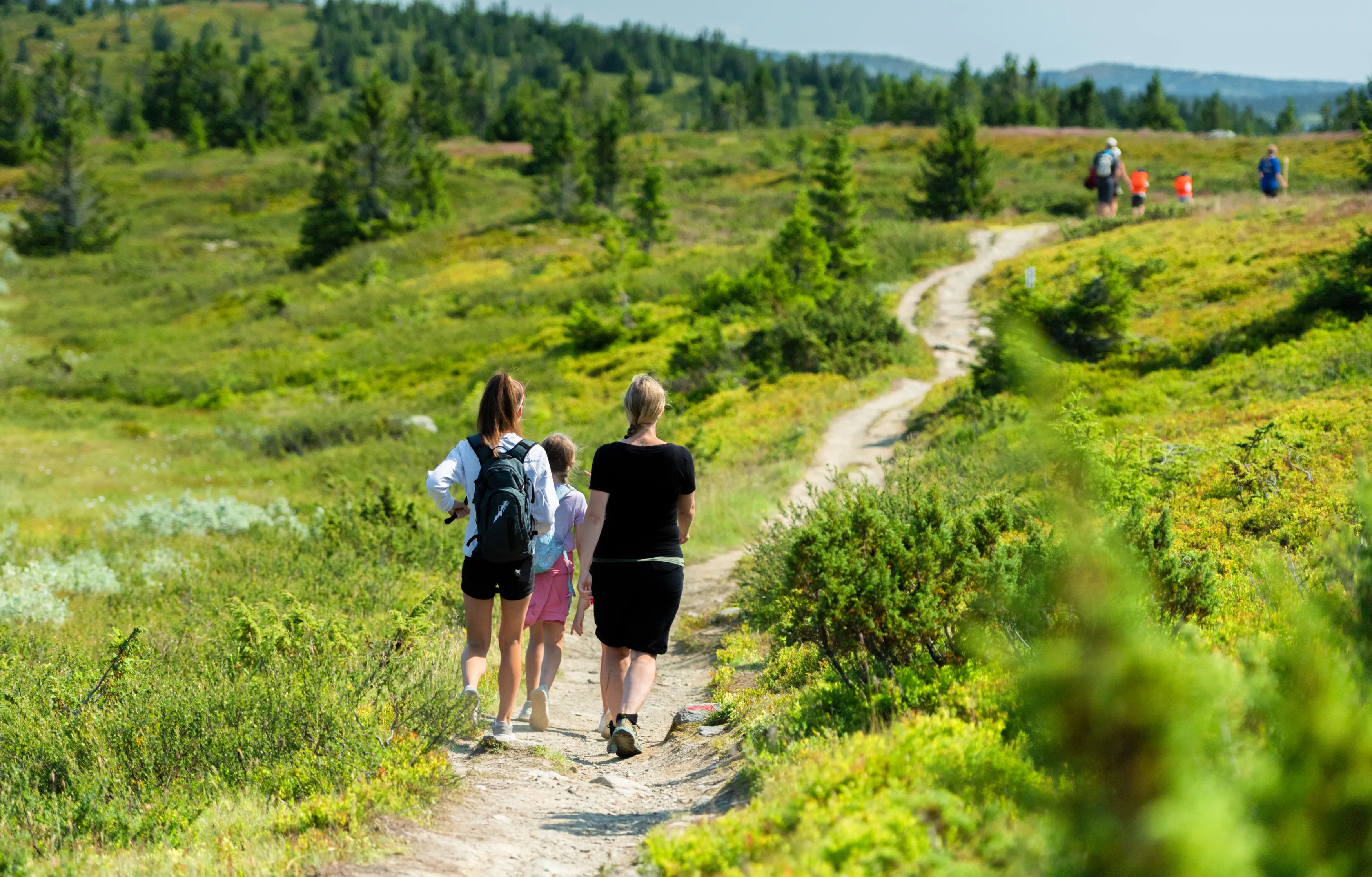 Bilden visar en familj som vandrar i Hafjell